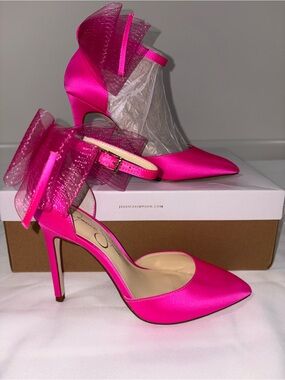 Jessica Simpson Hot Pink Satin Pointed-Toe Heels with Tulle Bow